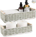 OIAHOMY Toilet Paper Baskets Handmade Paper Rope Decorative Wicker Storage Tank Shelf Cabinet Organizer for Bathroom Home, Set of 2, Green & White