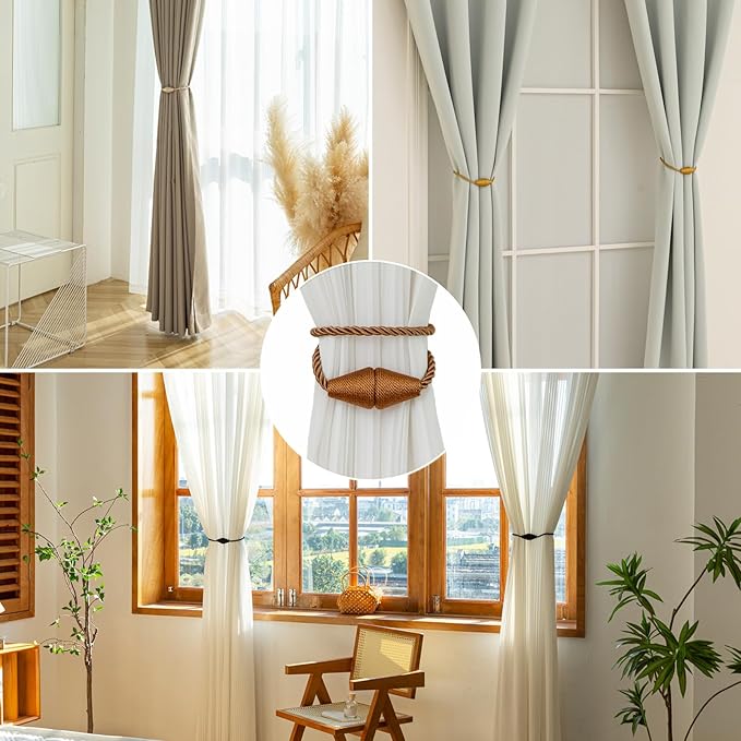 Magnetic Curtain Tiebacks 4 Pack Outdoor Rope Curtain Tie Backs Decorative Window Treatment Holdbacks for Home Decorative Curtain, Khaki