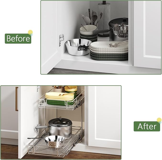 2 Tier Individual Pull Out Cabinet Organizer 10½" W x 18" D, Heavy Duty Cabinet Pull Out Shelves, Slide Out Drawers Organization for Kitchen Cabinets Bathroom