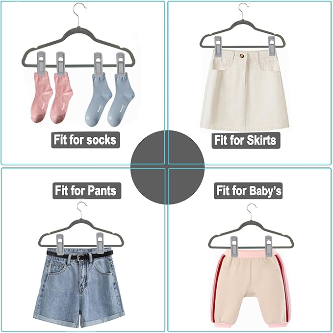 Hanger Clips for Velvet Hangers (Grey, 40 PCS), Non-Slip Plastic Clips Skirt Hanger Clips for Gray Flocking Hangers
