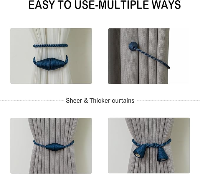 Magnetic Curtain Tiebacks 4 Pack Outdoor Rope Curtain Tie Backs Decorative Window Treatment Holdbacks for Home Decorative Curtain, Blue