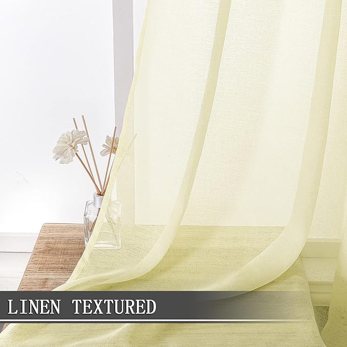 Tollpiz Sheer Curtains Living Room Linen Textured Curtain Sheers Light Filtering Voile Rod Pocket Curtains for Bedroom, 38 x 63 inches Long, Transparent Yellow, Set of 2 Panels