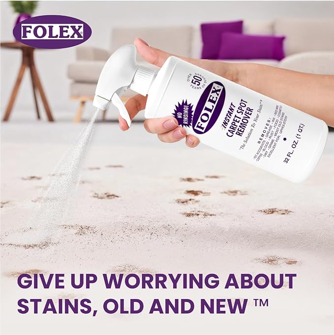 FOLEX Instant Carpet Spot Remover 32 oz – Powerful Stain Remover for Carpets, Upholstery & Rugs – Eliminates Pet Stains, Grease, Red Wine, Food, Makeup & More – With Reusable Cleaning Cloth – 4 Pack