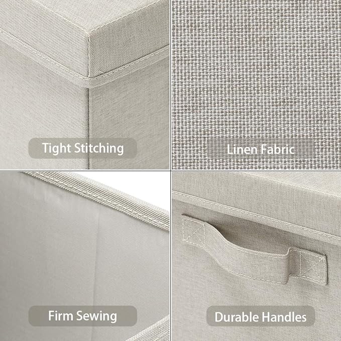 HOONEX Foldable Storage Bins with Lids, 2 Pack, Storage Boxes with Carrying Handles and Sturdy Heavy Cardboard, 16.5" L x 11.8" W x 7.5" H for Shoes, Books, Clothes, Linens, Beige