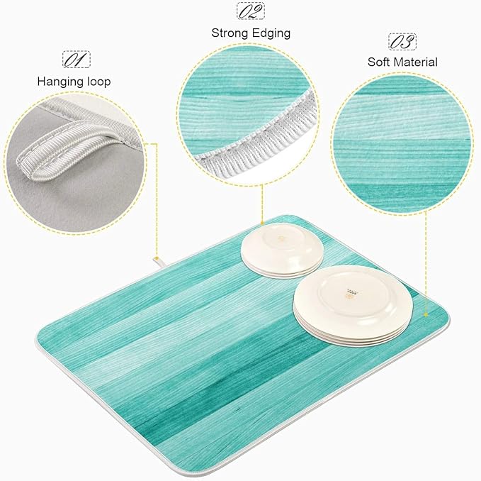 Teal Turquoise Green Wood Texture Dish Drying Mat 18x24 for Kitchen Green Blue Wooden Printing Dishes Pad Dish Drainer Rack Mats Absorbent Fast Dry Kitchen Accessories