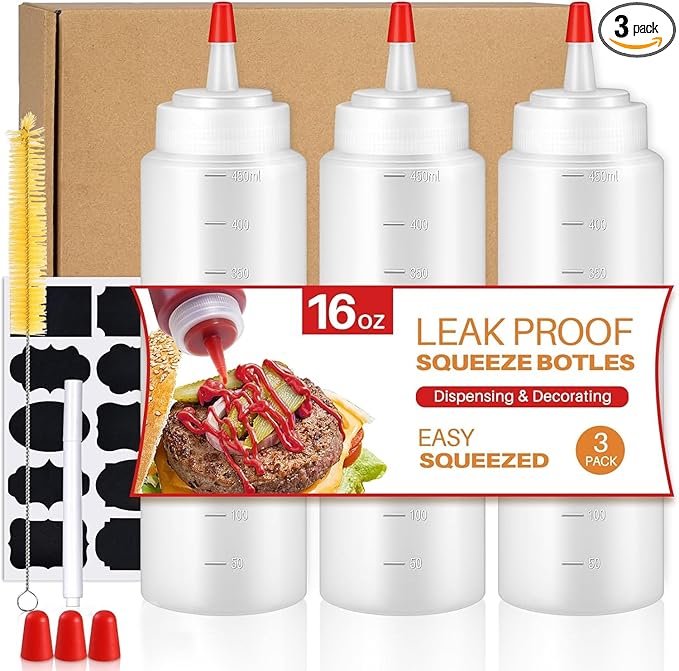 Squeeze Bottles, 16oz Leak-Proof Wide Mouth Condiment Squeeze Bottles for Liquids Sauces Ketchup Oil, 3 Pack