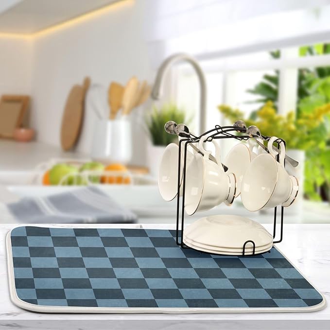 Buffalo Plaid Navy Blue Dish Drying Mat for Kitchen Countertop 16x18 Chessboard Rectangle Small Drying Mat Reusable Quick Dry Dish Sink Absorbent Mats Dishwasher Easy Clean Decorative Home Essentials