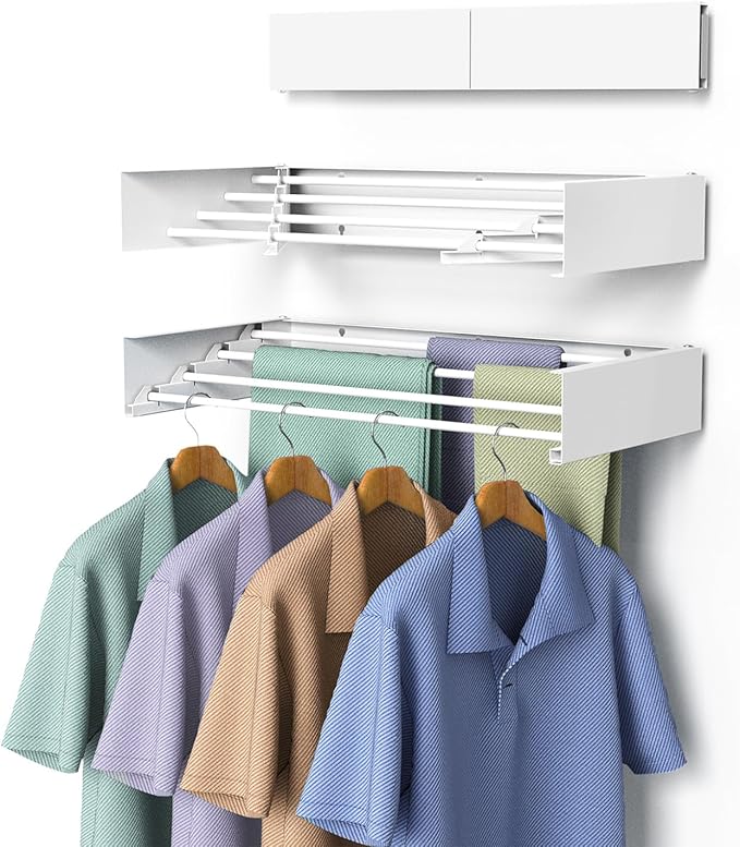 Laundry Drying Rack, Collapsible Wall Mounted Clothes Drying Rack - Foldable,Space Saving, 13.2 Linear Ft, 5 Aluminum Rods, 60 lb Capacity (White, 23.6")