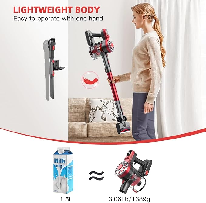 Cordless Vacuum Cleaner,Vacuum Cleaners for Home with Super Suction,Lightweight Stick Vacuum with 35 Mins Runtime,Rechargeable Cordless Vacuum for Carpet, Tile, Pet Hair, Hardwood Floors(Red)