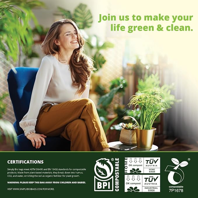 Simply Bio 1.6 Gallon Compostable Trash Bags Liners Handle, Heavy Duty Extra Thick 0.6 Mil, 6.06 Liter, 50 Bags, Small Kitchen Food Scrap Waste Bag, ASTM D6400, US BPI and OK Compost Home Certified