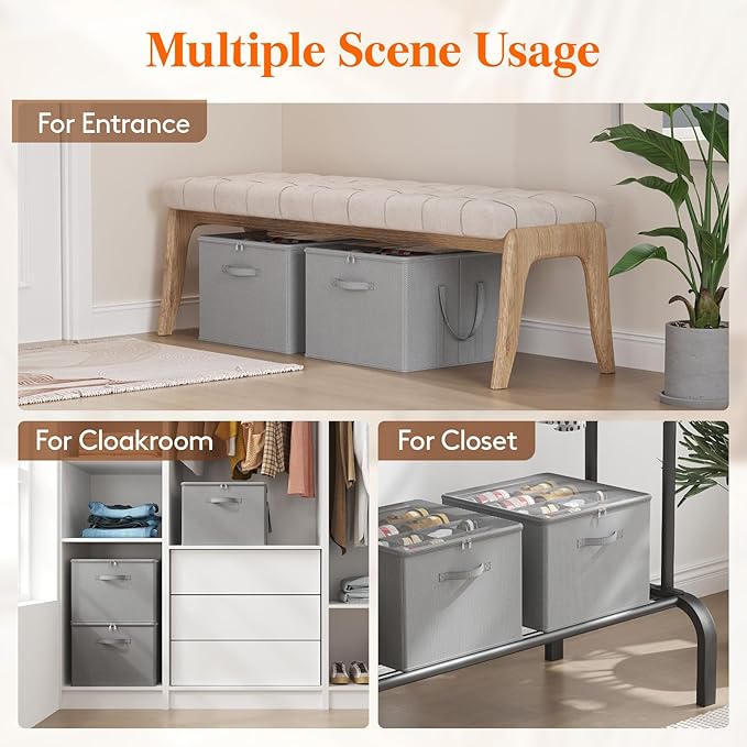 Lifewit Shoe Storage Organizer for Closet Fits 12-16 Pairs, Fabric Large Shoe Box Storage Containers with Clear Cover, Foldable Bins Fit for Boots Sneakers 17"(L) x 17"(W) x 12.5"(H) 2 Pack Light Gray
