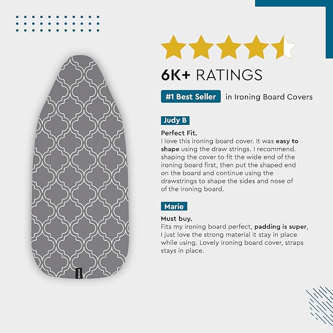 Encasa XO Ironing Board Cover and Pad 57"x22" - Thick 3mm Felt Padding, Drawstring Tightening & Lock, Easy Fit, Scorch & Stain Resistant, Fits X-Large Ironing Board - Big Leaves Blue