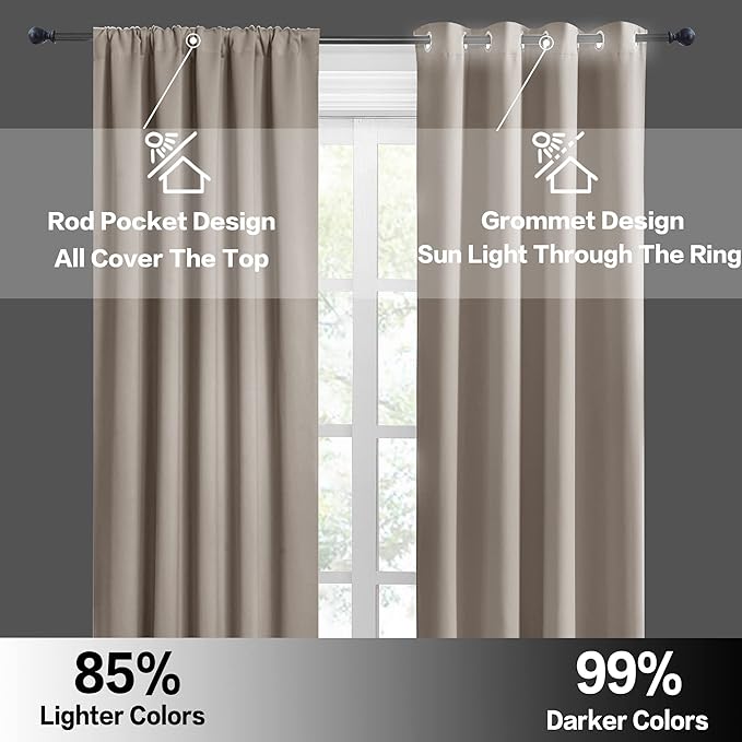 RYB HOME Room Darkening Curtains for Bedroom, Thermal Insulated Noise Reducing Window Drapes Farmhouse Decor for Living Room Kitchen, W70 x L84 inch, 2 Panels, Sand