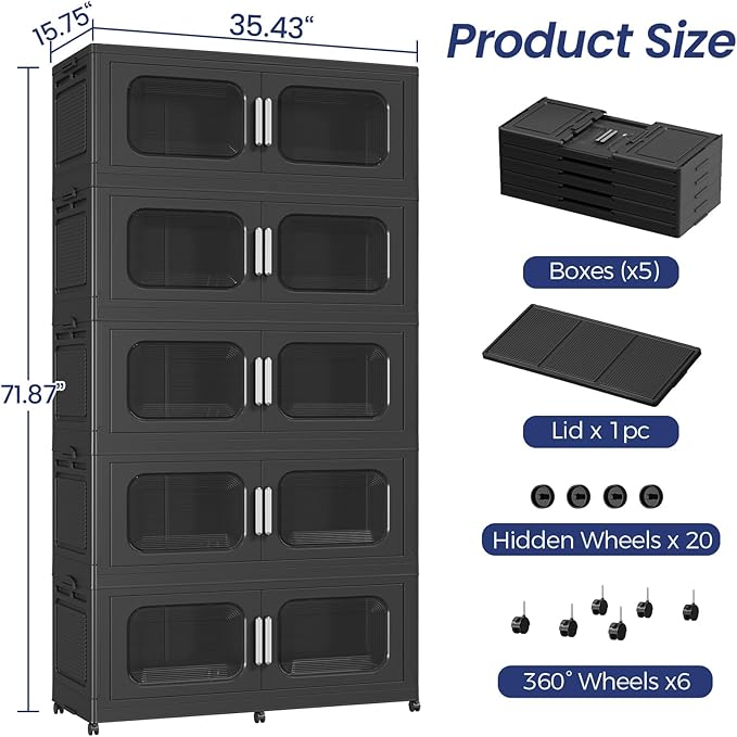250GAL Extra Large Storage Bins with Lid, 1000QT Storage Bins with Wheels, Folding Closet Organizer, Stackable Collapsible Plastic Storage Containers for Home, Office, Dorm, 5Pack Black