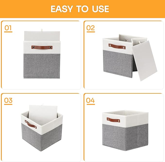 DULLEMELO 11x11 Storage Cubes, Collapsible Sturdy Cube Storage Bins With Handles for Organizing,Fabric Storage Cubes Baskets for Shelves Nursery Closet Home Organization and Storage (White&Grey)