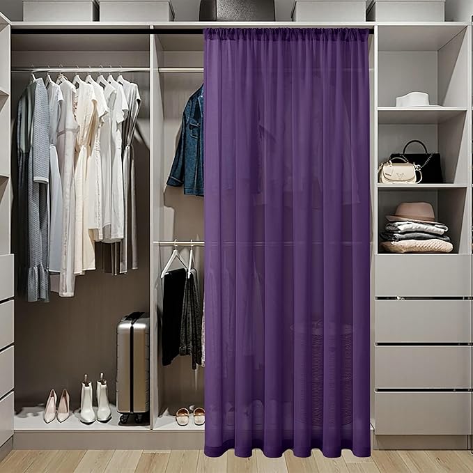 Tollpiz Small Sheer Door Curtain Closet Linen Textured Curtain Sheers Doorway Light Filtering Voile French Door Rod Pocket Curtains Patio Glass Door, 25 x 40 inches Long, Royal Purple, Set of 1 Panel