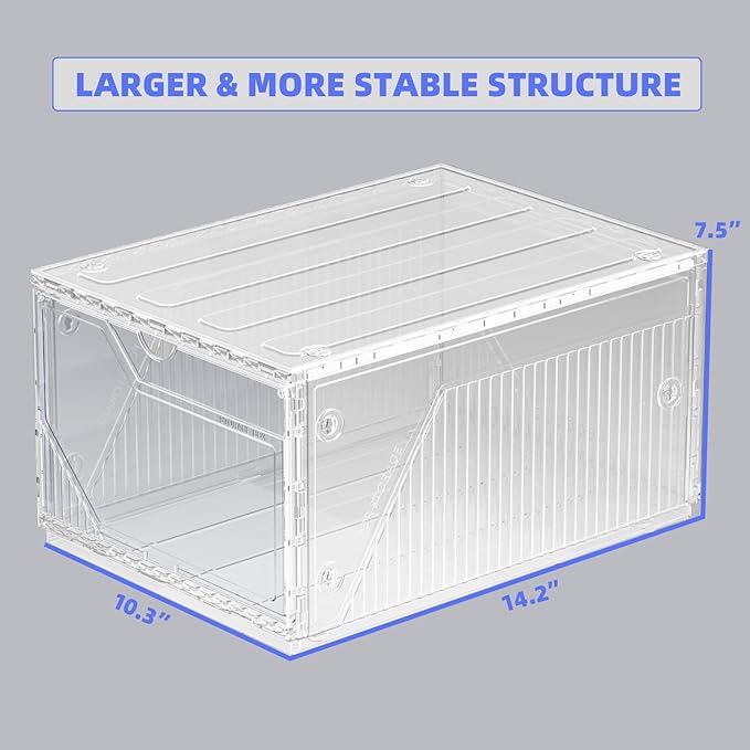 10 Pack Upgraded XX-Large Storage Organizer with Magnetic Door, New structure is more stable, Thicken & Sturdy Clear Stackable Interconnectable Shoe Box for Entryway, Closet, Under Bed