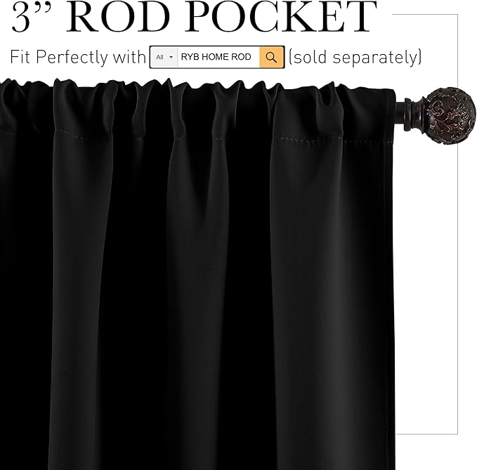 RYB HOME Black Blackout Curtains for Bedroom Living Room- Rod Pocket Energy Efficient Privacy Protect Blackout Window Curtains & Drapes Panels 72 inches Long for Office, 42 Wide x 72 Long, 2 Pieces