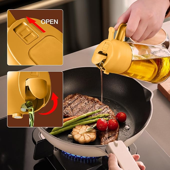 YARRAMATE 2Pcs 16oz/470ml 2 in 1 Oil Sprayer for Cooking with Stickers, Food-grade Glass Oil Spray Bottle, Oil Dispenser and Oil Sprayer for Kitchen, Salad, Frying, BBQ (White & Orange)