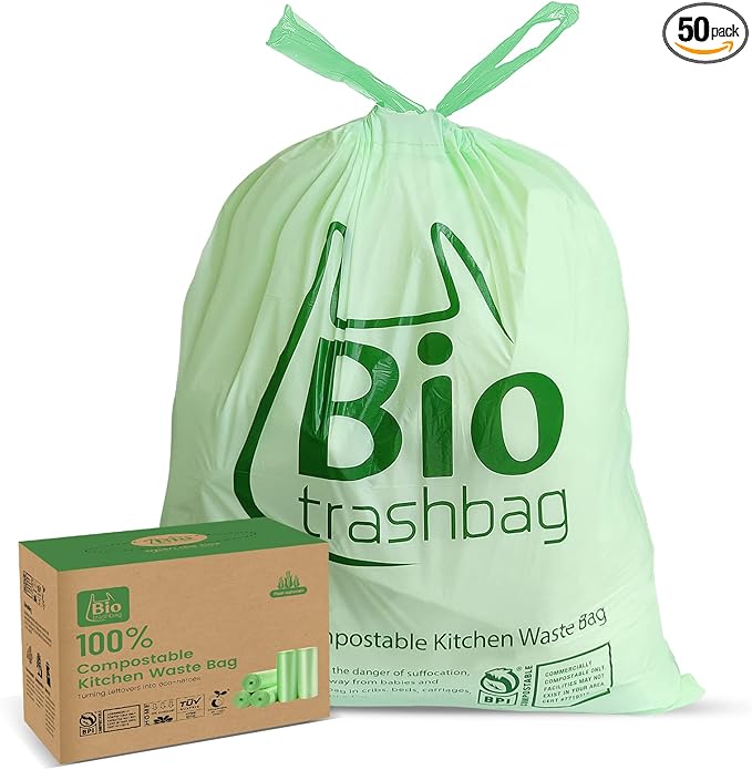 8 Gallon Compostable Trash Bags, 50 Count Drawstring Trash Bags Biodegradable, Heavy Duty Extra Thick Compost Bags, Kitchen Food Scrap Waste Bag, US BPI and OK Compost Home Certified
