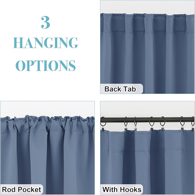 RYB HOME Blackout Curtains for Kitchen, Room Darkening Half Window Treatment Energy Saving Privacy Valances Tiers for Bedroom Bathroom Dining Room, Stone Blue, W42 x L45 inch, 2 Panels
