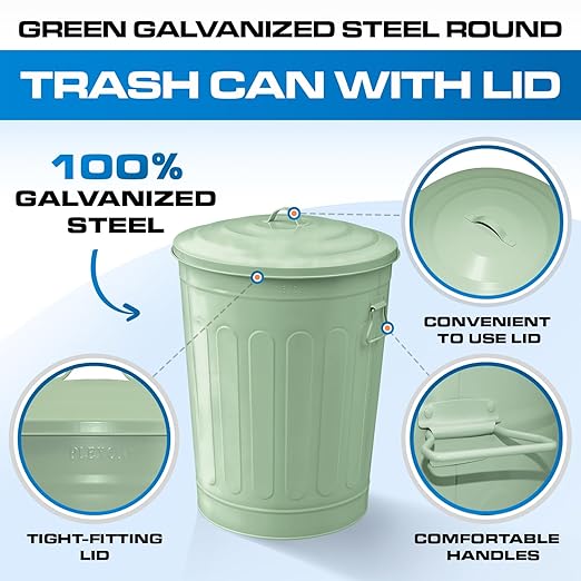 Plexon Round Trash Can 13 Gallon, Vintage Metal Outdoor Trash Can with Lid, Retro Farmhouse Garbage Container, Old School Modern Ash Bucket, Green