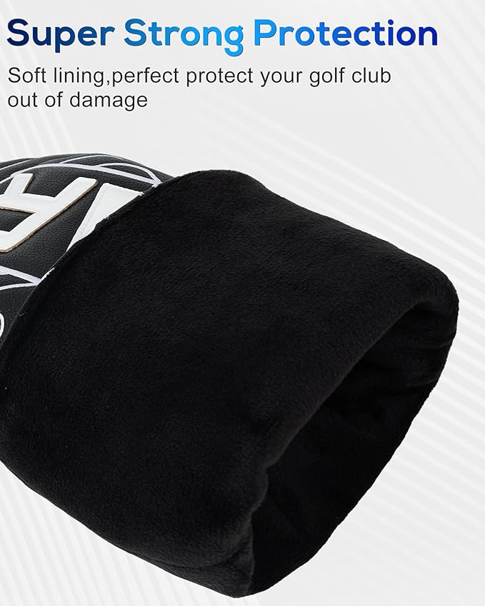 Big Teeth Golf Club Covers Full Set Driver Headcover Fairway Wood Hybrid Golf Club Iron Head Covers, Topographic Edition Putter Cover Leather Golf Head Covers Pure Black, Gifts for Men