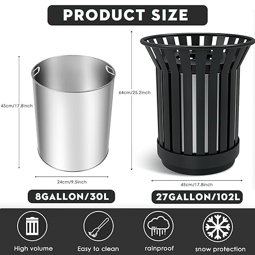 8Gallon/30L Commercial Outdoor & Indoor Metal Trash Can, Outdoor Slatted Trash Receptacle with Metal Linner, All Weather Resistant Large Outside Zone Round Garbage Bin for Street, Park, School - Black