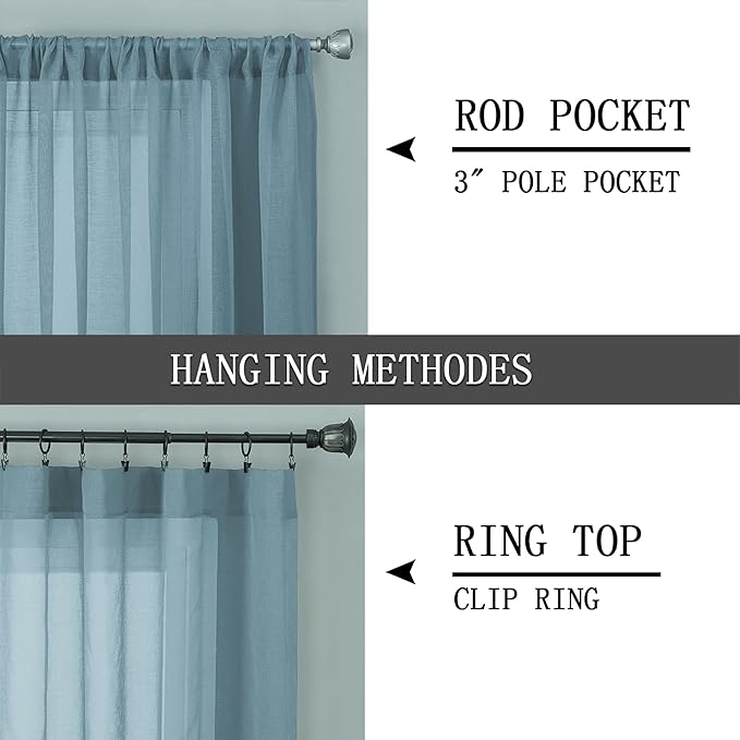 Tollpiz Sheer Curtains Linen Textured Living Room Curtain Sheers Light Filtering Rod Pocket Voile Curtains for Bedroom, 42 x 63 inches Long, Dusty Blue, Set of 2 Panels