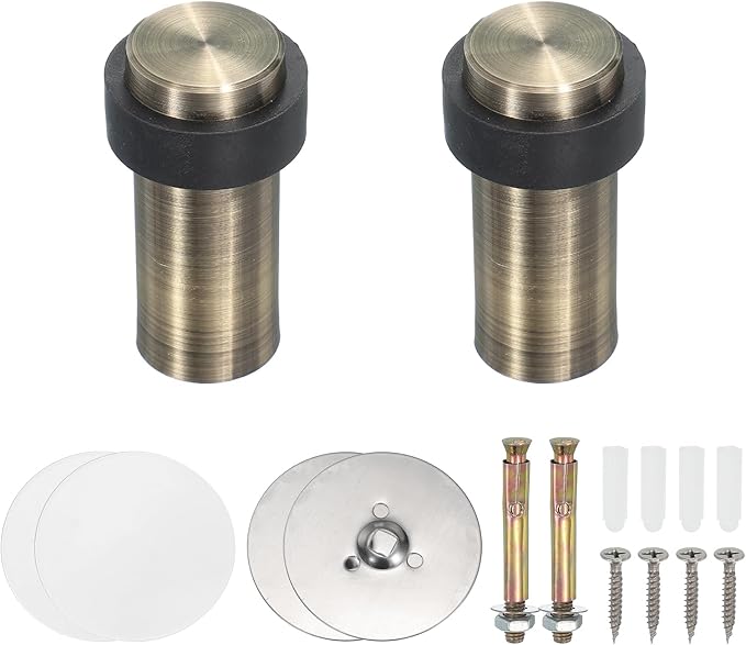 PATIKIL 2Set Round Door Stoppers, 80mm Stainless Steel Door Stop Doorstop Wedge Metal Cylinder Self Adhesive with Screw for Bottom of Door Floor Inside, Bronze