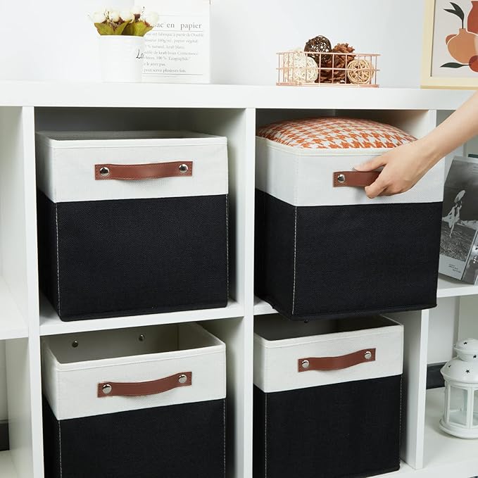 HNZIGE Cubes Storage Bins Set of 4,11 x 11 Fabric Storage Cube Baskets for Storage,Decorative Storage Bins for Shelves with Handles,Closet Clothes Baskets for Organizing Home(Black White)