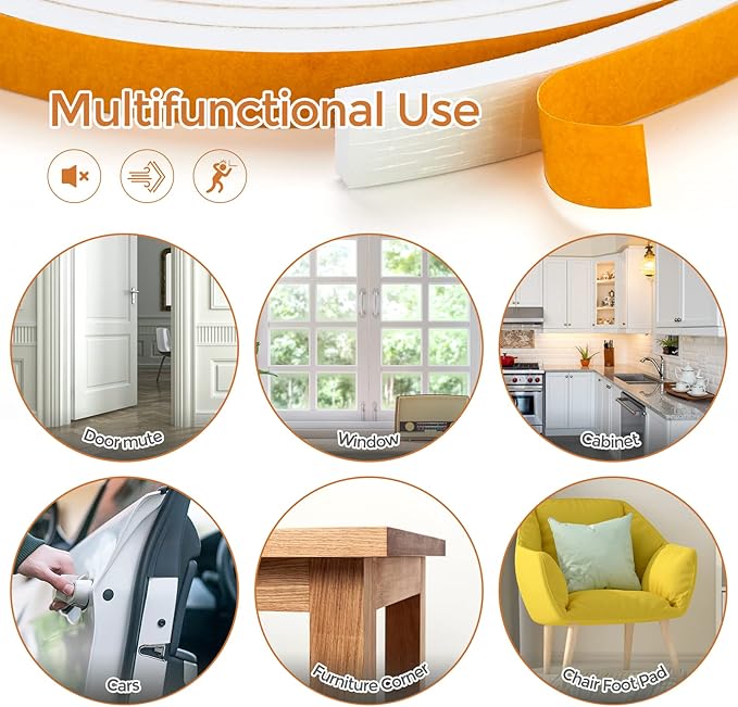 50 Feet Weather Stripping Door Seal, 1/4" Wide X 1/8" Thick Door Seal Strip High Density Foam Tape Adhesive Strip for Door Soundproofing,Window Insulation (1/4" x 1/8" x 50FT,White)