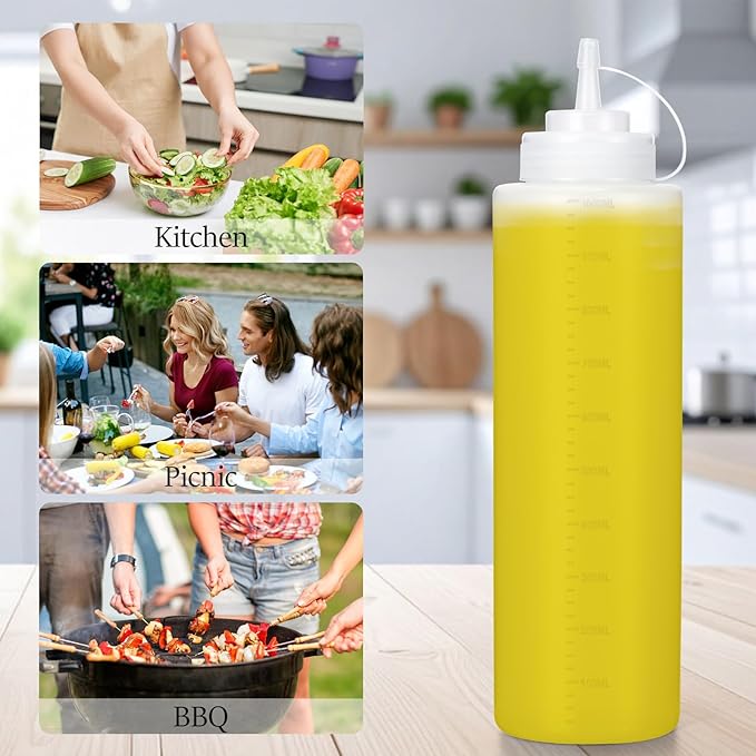 Condiment Squeeze Bottles Ketchup Dispenser, 6 Pack 32oz Squeeze Bottles for Liquids, Plastic Sauce Bottle with Cap Lid, Squirt Bottles for Sauces Liquids BBQ Dressing Pancake Art