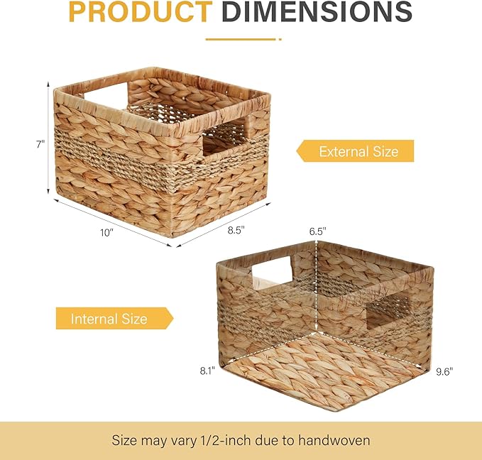Water Hyacinth Wicker Basket, Decorative Woven Baskets with Built-in Handles, Hand-woven Storage Organizer for Organizing Pantry, Livingroom, Bedroom, Shelves, Toilet(2-PACK, Blended)