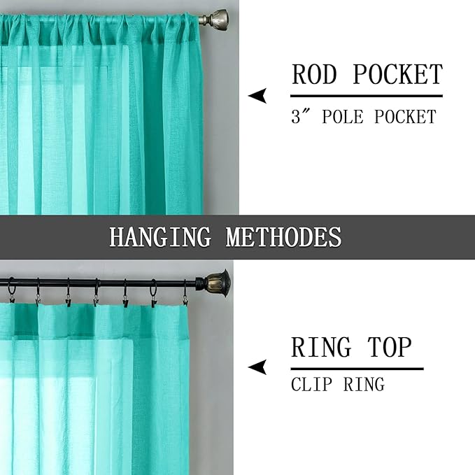 Tollpiz Short Sheer Tier Curtains Linen Textured Half Kitchen Curtain Sheers Light Filtering Rod Pocket Voile Small Curtain for Bathroom, 25 x 24 inches Long, Aqua Blue, Set of 2 Panels
