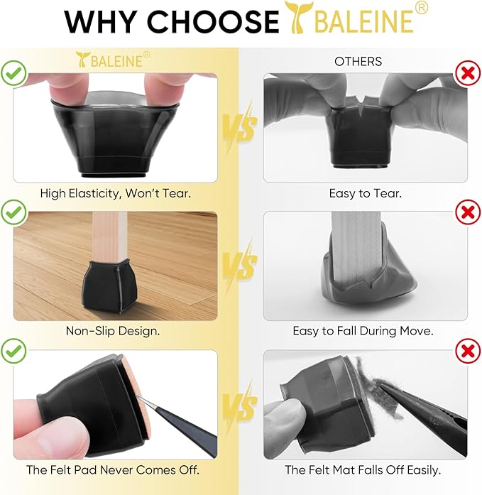 BALEINE 32 Pack Silicone Chair Leg Floor Protectors, Stool Leg Protectors Cap, Non-Slip Chair Leg Caps for Hardwood Floors (Black & Large (Square), 32 Pack)