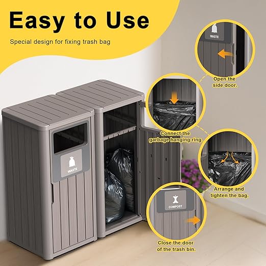 ROJIK 35" Tall Outdoor Trash Can,Weatherproof Resin Garbage Indoor Durable Lightweight,Suitable for Patio Office Kitchen,Easy to Clean,Assemble(Waste&Recycle,Grey)