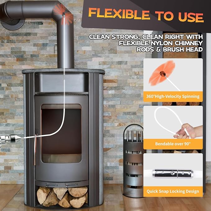 23 Feet Chimney Sweep Kit, Chimney Cleaning Kit with 7 Flexible White Chimney Rods, Chimney Brush, Rotary Chimney Cleaning System Driven by Drill