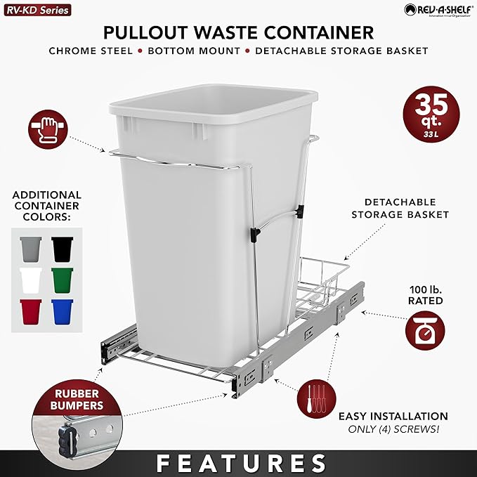 Rev-A-Shelf RV-12KD-18C S 35-Quart Chrome Wire Bottom Mount Pullout Kitchen Waste Trash Can Container Bin with Rear Storage, Black