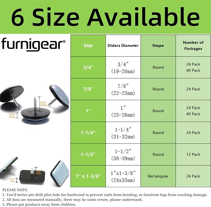 Furniture Glides Sliders-Furnigear PTFE (Teflon) Chair Leg Movers Sliders for Carpet and Hardwood Surface - Move Your Furniture Easily & Safely - Best Floor Protector (1-1/4", 24pack)