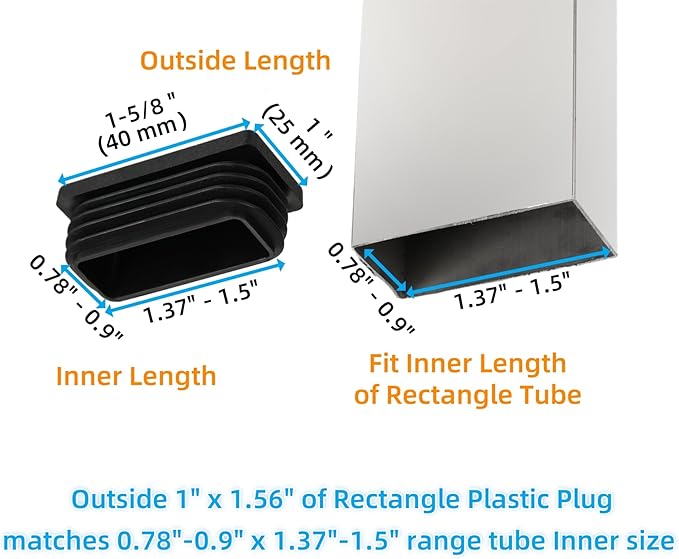 Furnigear Plastic Plugs Tubing End Cap Chair End Caps Outside Bottom Tubing Caps Rectangle Furniture Sliders Glides Black (24, Fit 1.37-1.5 x 0.78-0.9" Rectangle Tube Inner Size)