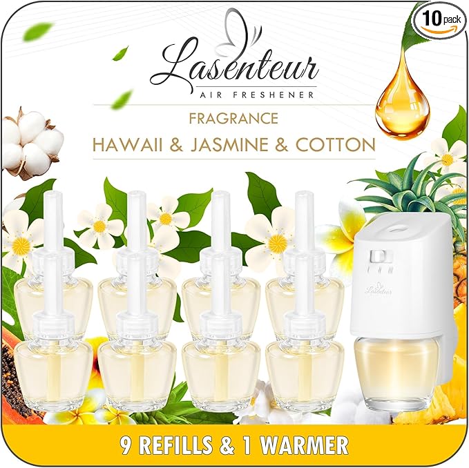 Plug-in Air Freshener Starter Kit, 1 Warmer and 9 Essential Oil Refills, Hawaiian, Jasmine, Cotton Scents for Home, Bathroom and Office, Compatible with Air Wick,Compatible with Glade