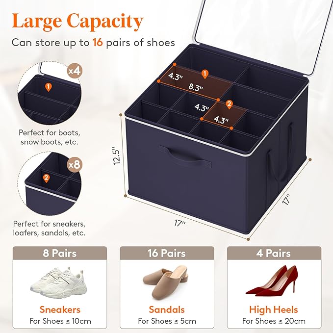 Lifewit Shoe Storage Organizer for Closet Fits 12-16 Pairs, Fabric Large Shoe Box Storage Containers with Clear Cover, Foldable Bins Fit for Boots Heels Sneakers 17"(L) x 17"(W) x 12.5"(H) 3 Pack Blue