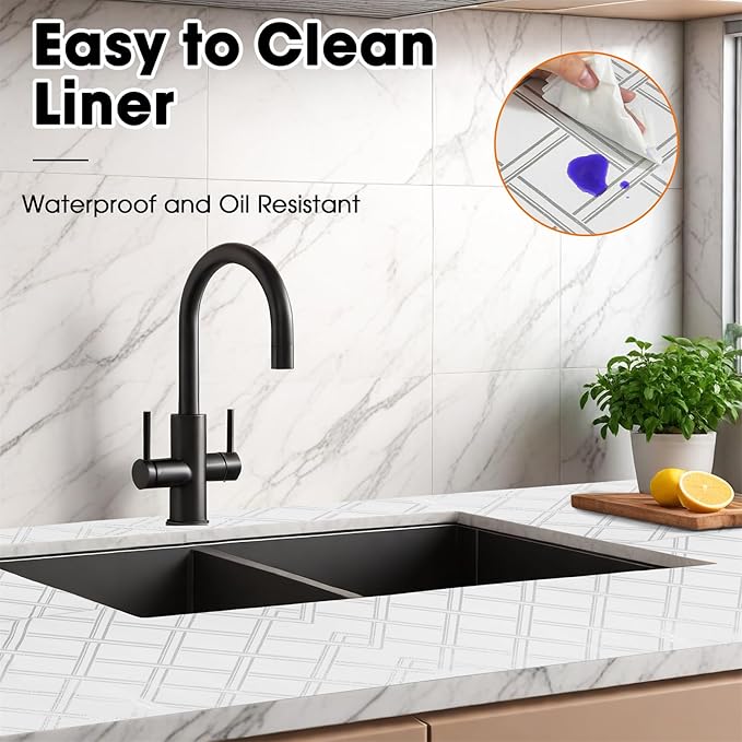 Drawer and Shelf Liner for Kitchen Cabinets Non-Adhesive, Non-Slip Cabinet Liner Shelf Paper Strong Grip Waterproof Easy to Clean for Kitchen Shelves Cupboard,Silver Geometric,12IN X 30FT