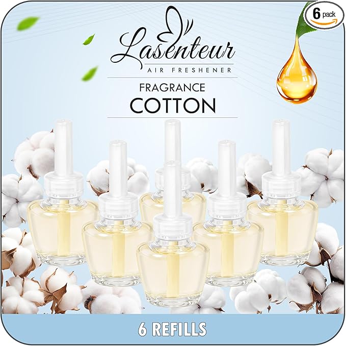 LASENTEUR Plug in Scented Oil Refill, 6 ct, Cotton Scent Long-Lasting Natural Fragrance for Home, Bathroom Bedroom Office, Compatible with Airwick, Compatible with Glade