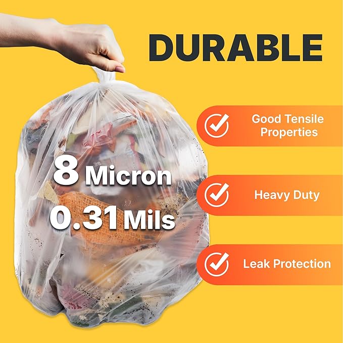 12-16 Gallon Trash Bags, 8 Micron High Density Garbage Can Liners Bulk, 24" x 33", Natural Clear, 1000 Count