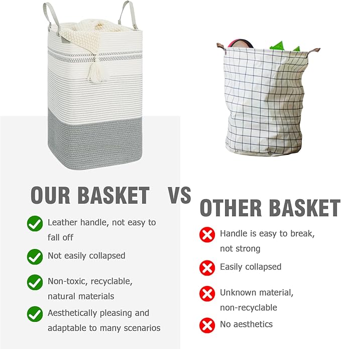 danpinera 75L Woven Laundry Hamper with Long Leather Handles, Baby Laundry Basket for Nursery, Tall Hampers for Bedroom Aesthetic, Decorative Clothes Storage Basket for Family White & Gray