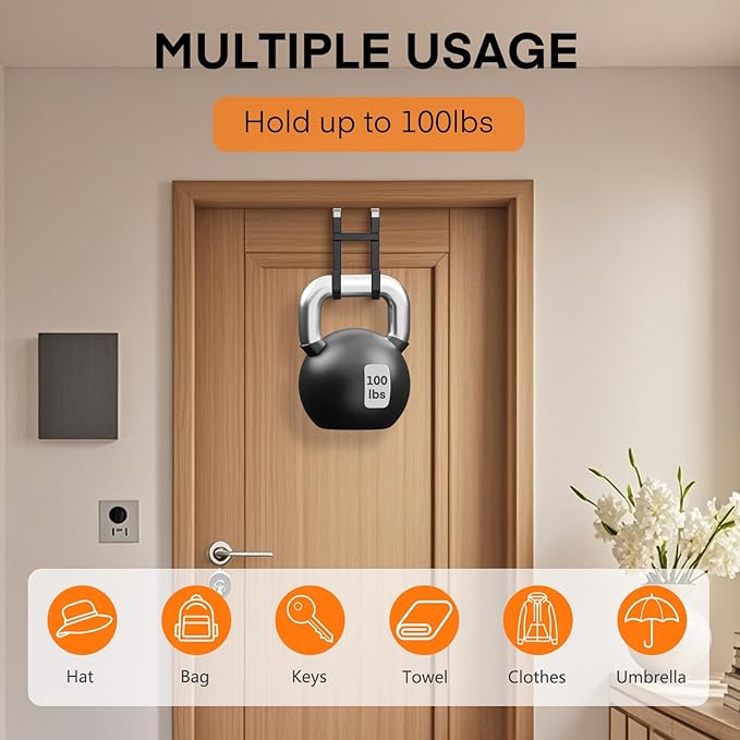 FYY Over The Door Hooks - 4 Pack Heavy Duty Dual-Hook Organizer Hanger with Non-Slip Rubber for Towels, Clothes, Hats & Bags Use in Bathroom, Bedroom, Kitchen - Fits Interior Doors Up to 1 3/8" Black