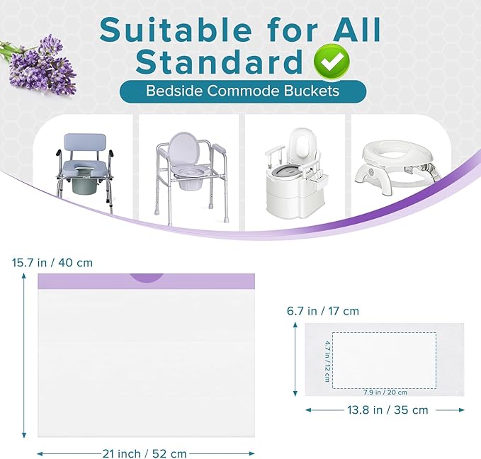 Maliton 120 Commode Liners with Absorbent Pads, Portable Toilet Bags for Bedside Commode Toilet, Lavender Scent Leakproof Bags Fit Most Commode Chairs and Potties (120 Potty Bags+120 Potty Liners)