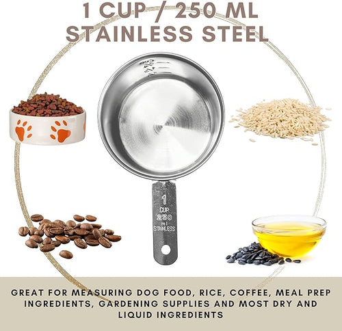 1 Cup Stainless Steel Measuring Cup | Sturdy Metal 250 ml | 240 cc | 8 oz | Single Cup for Wet and Dry Ingredients | Great for use as 1 Cup Dog Food Scoop - 12 PK